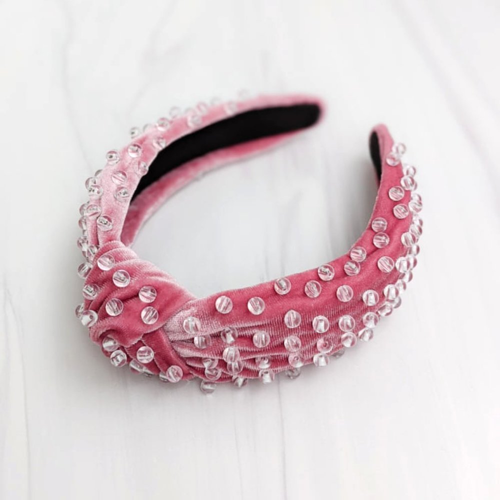 Mauve Pink Beaded Knotted Velvet Headband Crystal Clear Acrylic Beads Handmade